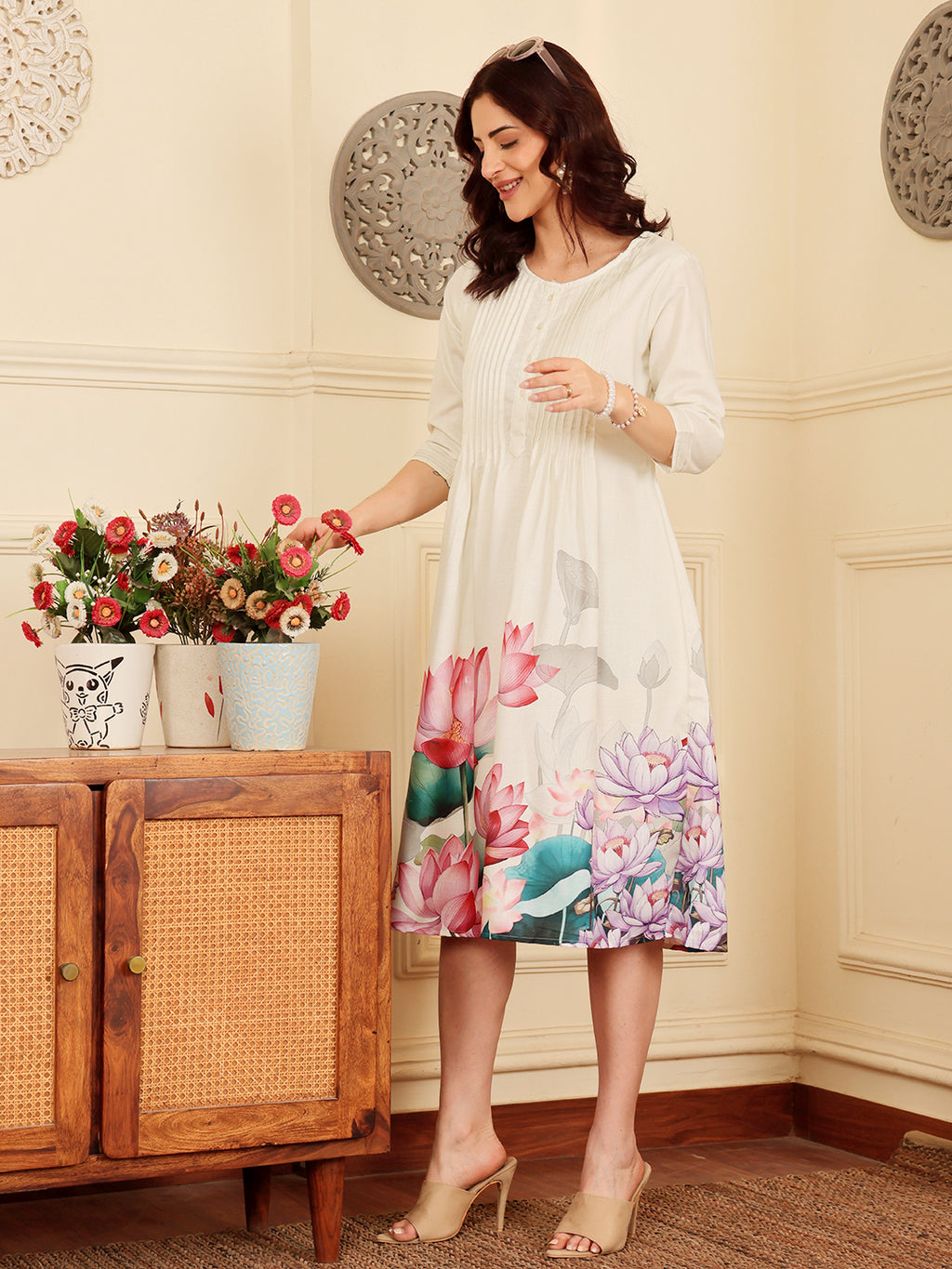 Cream Floral Print A Line Dress With Pintuck Detailing