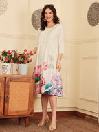 Cream Floral Print A Line Dress With Pintuck Detailing