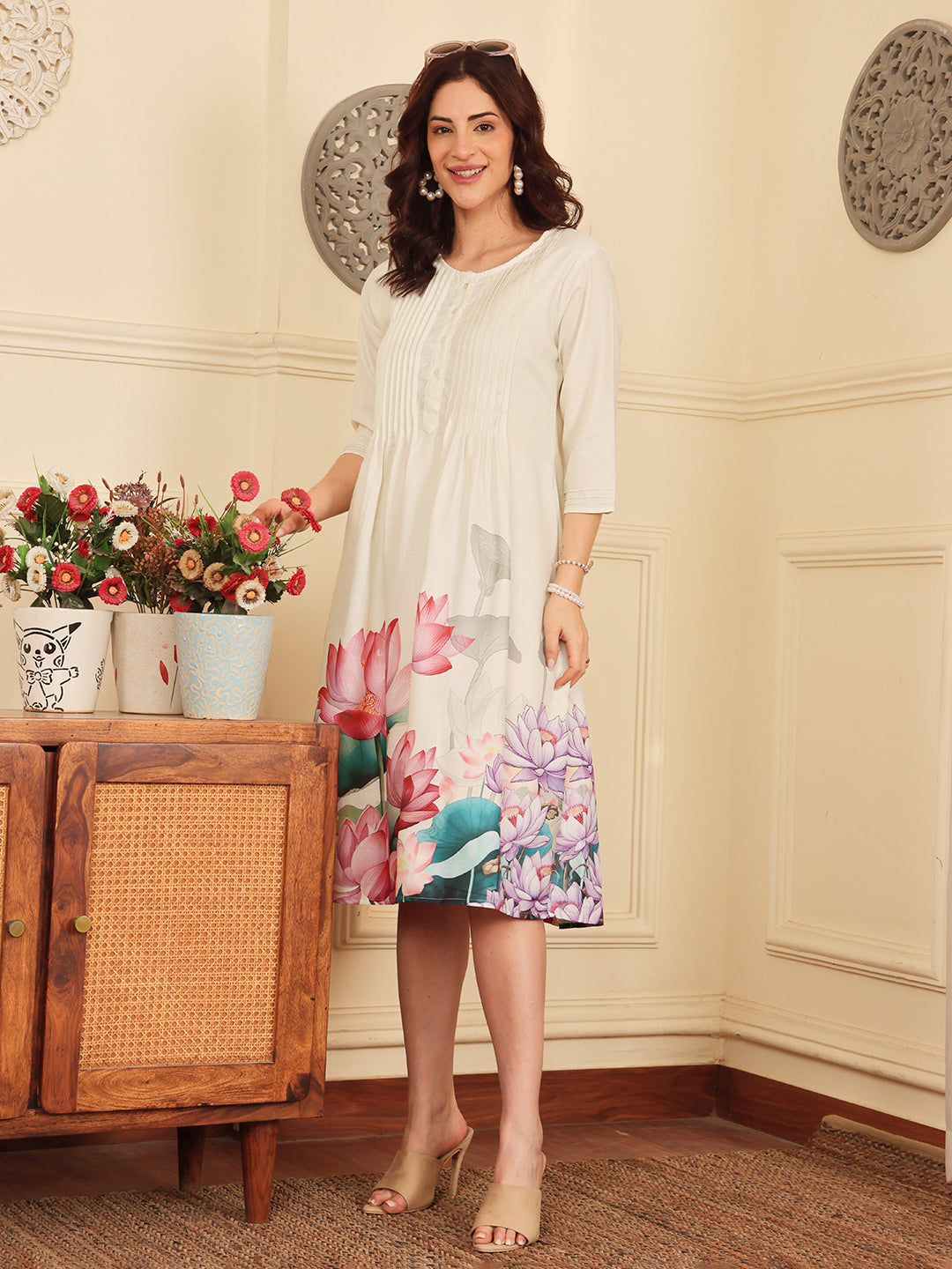 Cream Floral Print A Line Dress With Pintuck Detailing