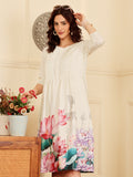 Cream Floral Print A Line Dress With Pintuck Detailing