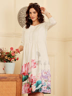 Cream Floral Print A Line Dress With Pintuck Detailing
