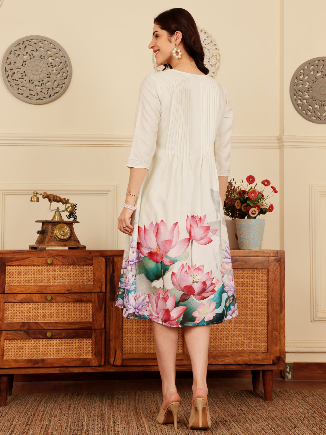 Cream Floral Print A Line Dress With Pintuck Detailing