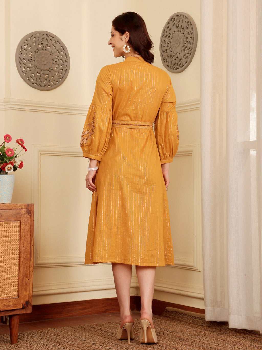 Mustard Yellow Embroidered Midi Dress With Belt