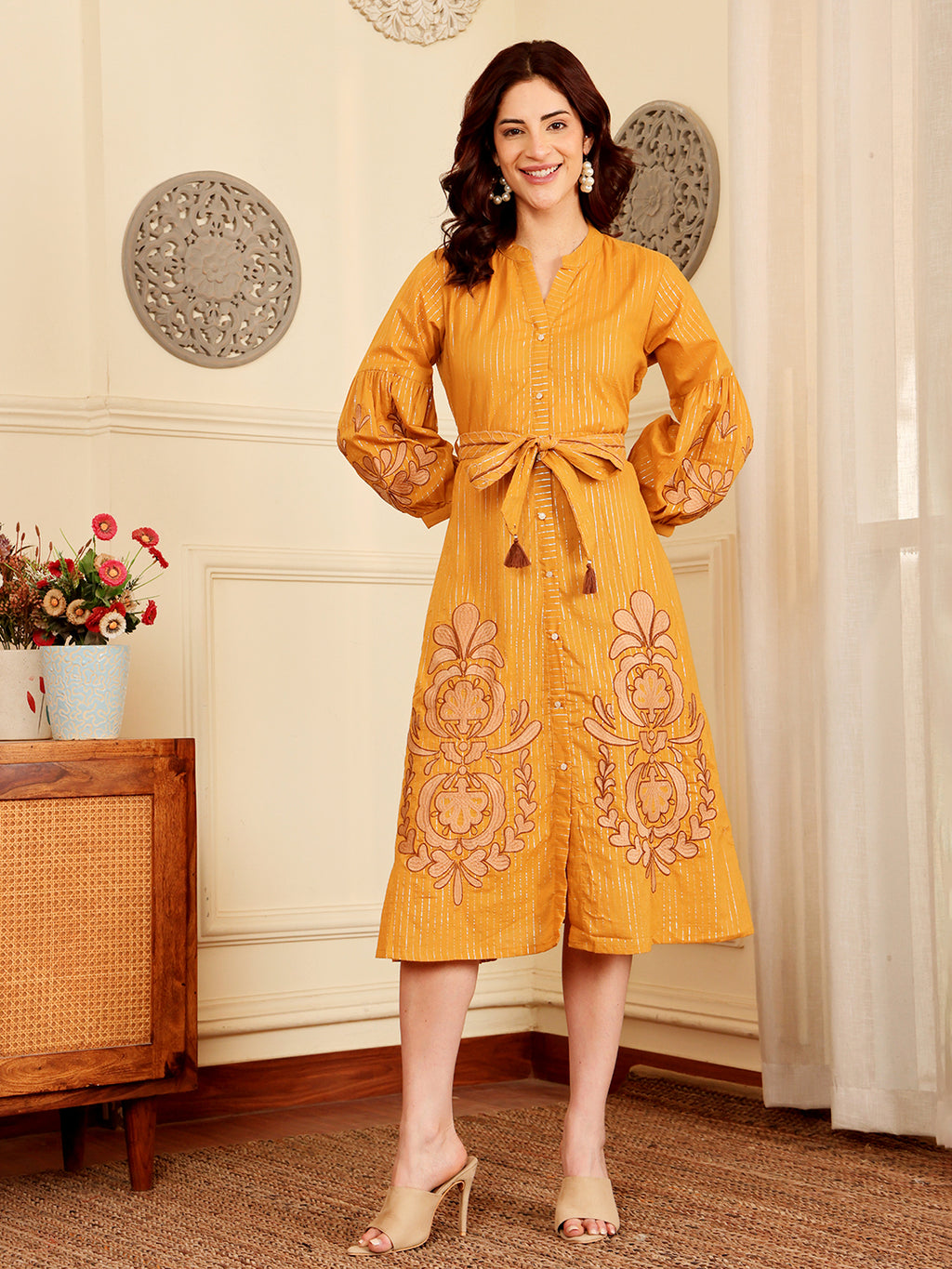 Mustard Yellow Embroidered Midi Dress With Belt