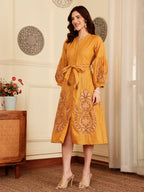 Mustard Yellow Embroidered Midi Dress With Belt