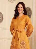 Mustard Yellow Embroidered Midi Dress With Belt