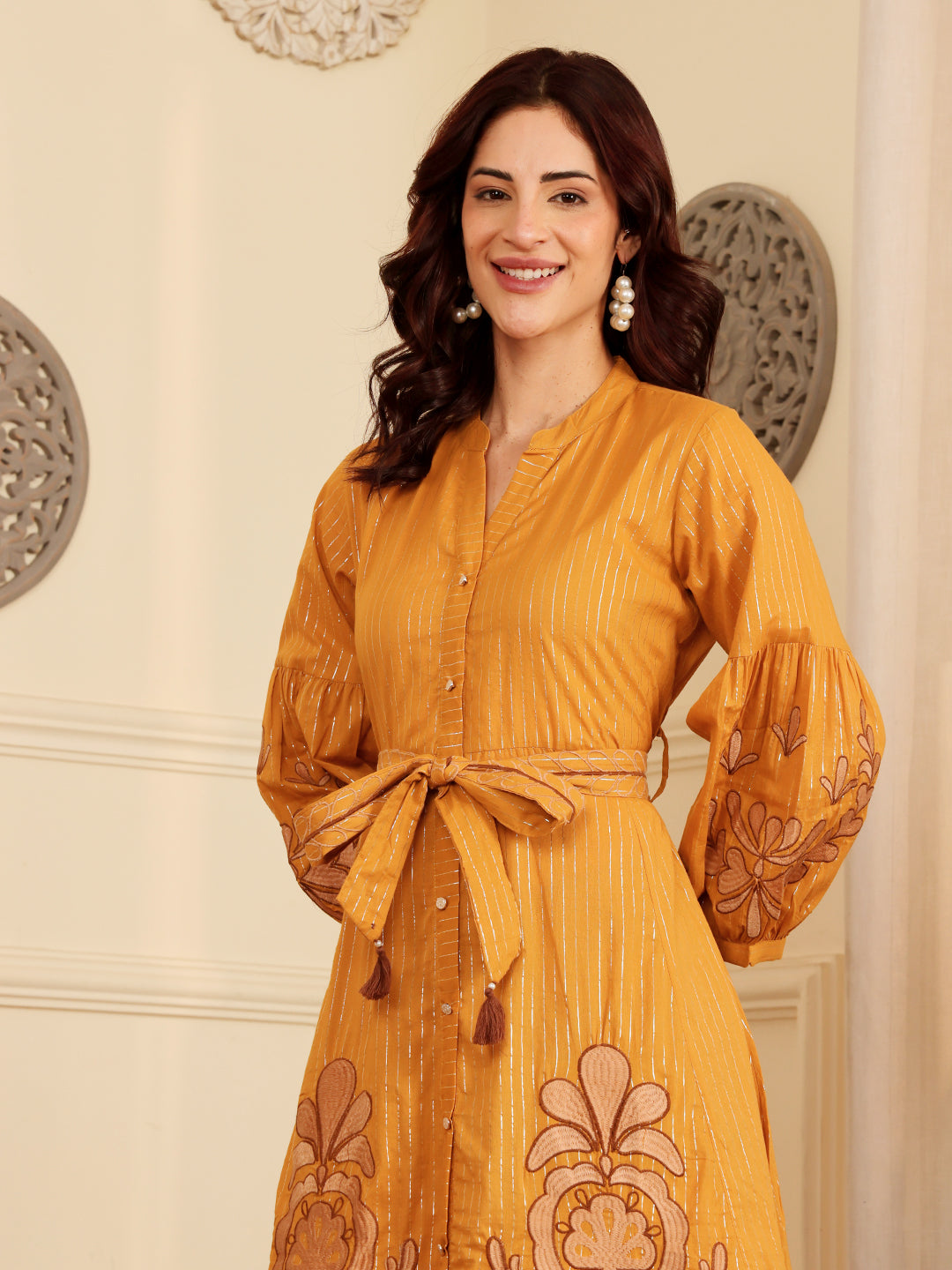 Mustard Yellow Embroidered Midi Dress With Belt