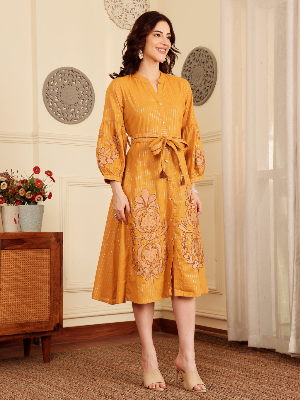 Mustard Yellow Embroidered Midi Dress With Belt