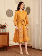 Mustard Yellow Embroidered Midi Dress With Belt