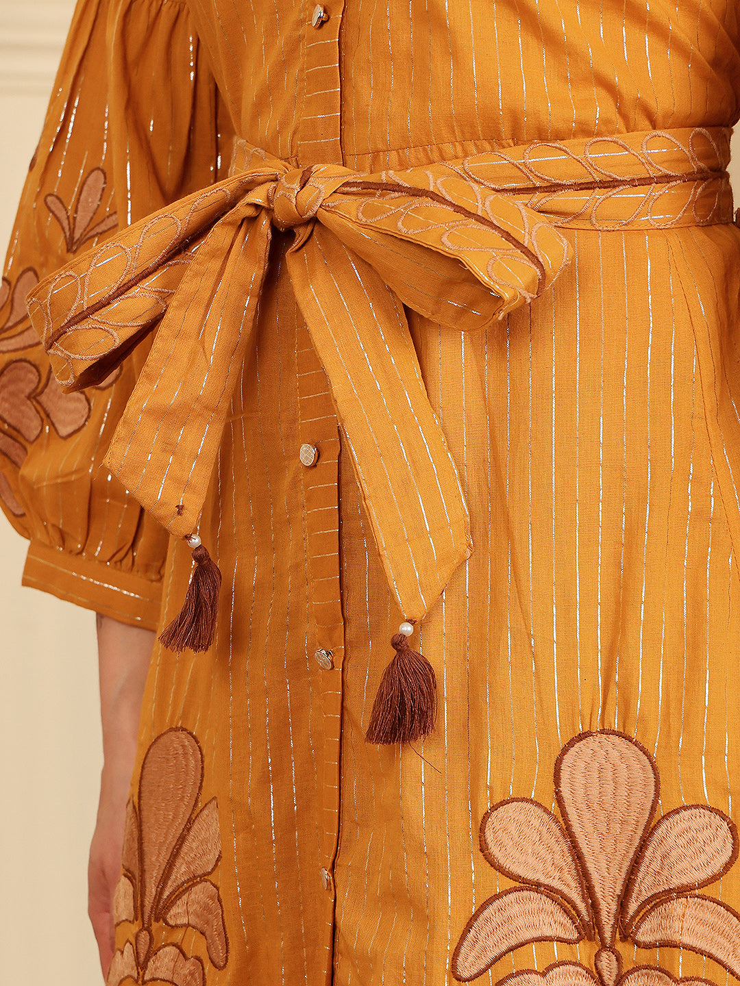 Mustard Yellow Embroidered Midi Dress With Belt