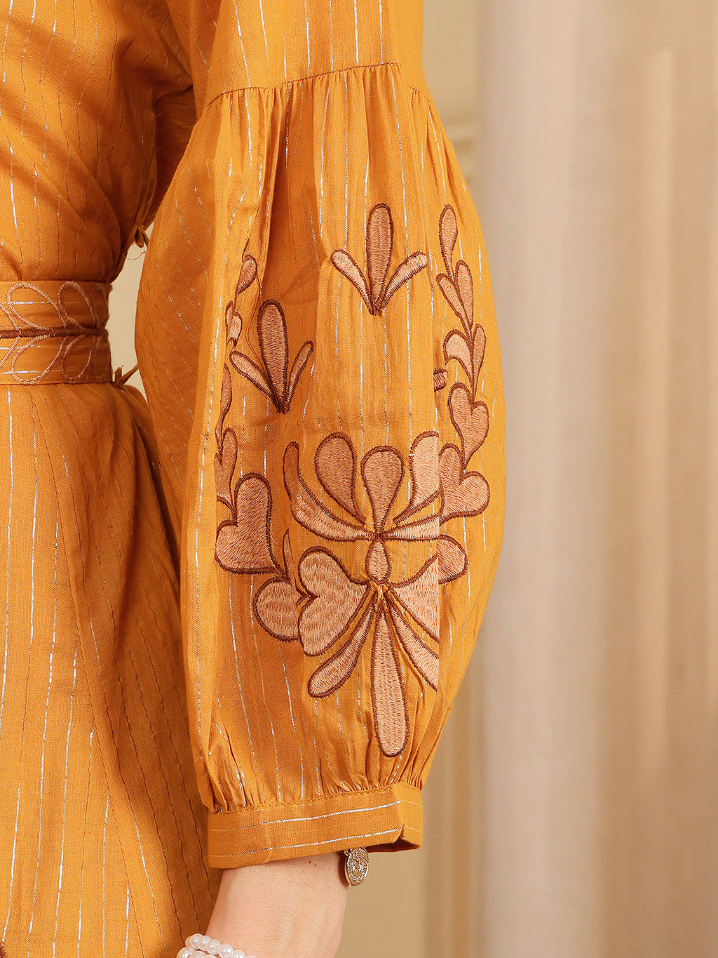 Mustard Yellow Embroidered Midi Dress With Belt