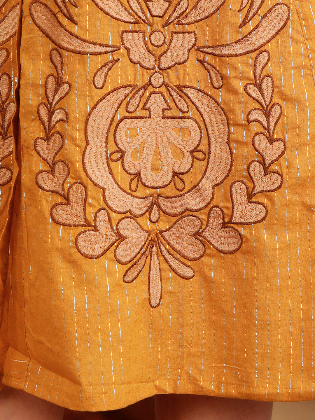 Mustard Yellow Embroidered Midi Dress With Belt