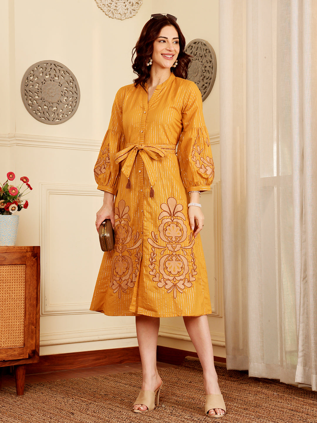 Mustard Yellow Embroidered Midi Dress With Belt