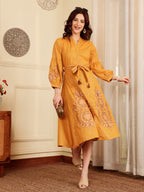 Mustard Yellow Embroidered Midi Dress With Belt