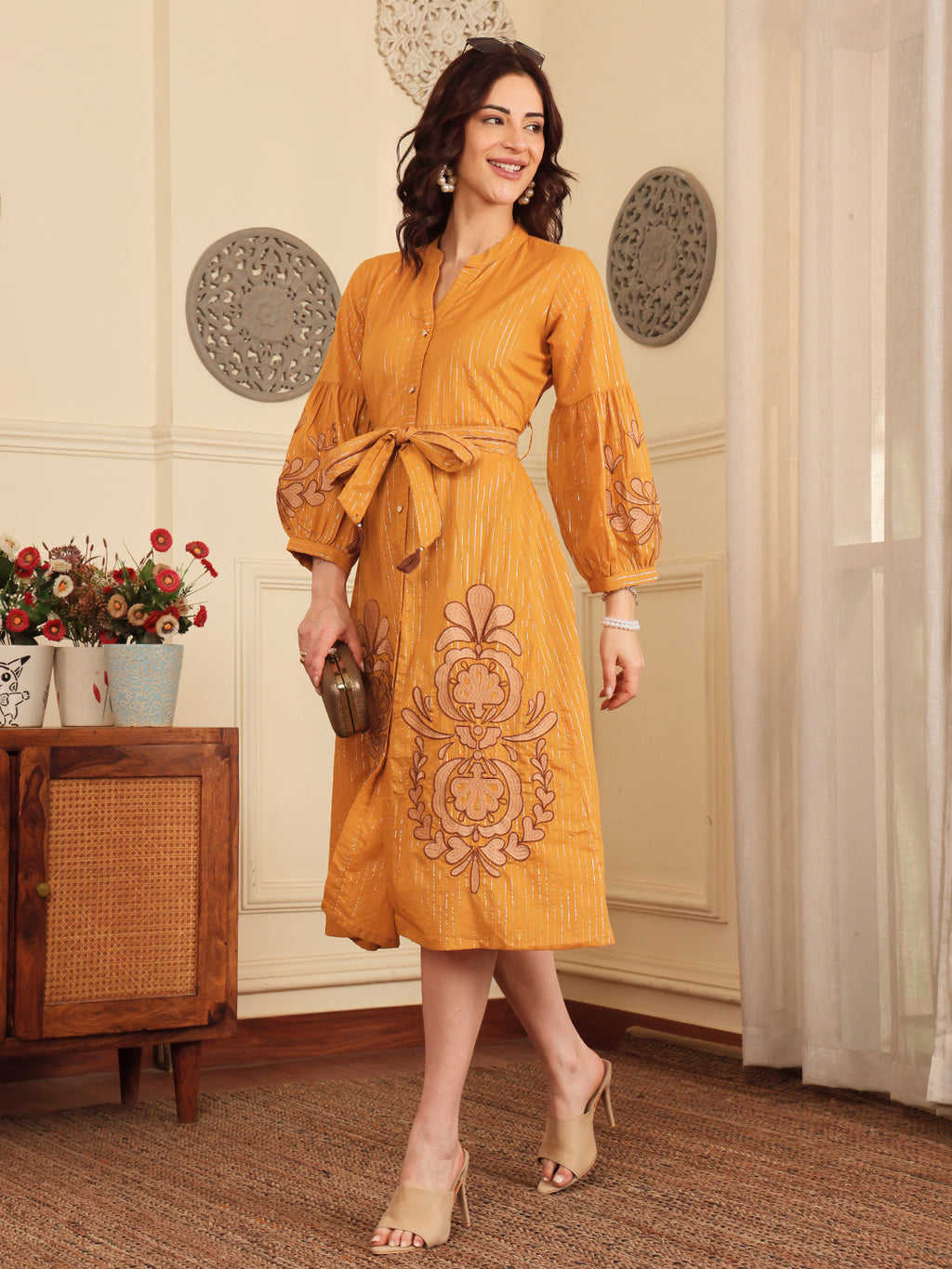 Mustard Yellow Embroidered Midi Dress With Belt