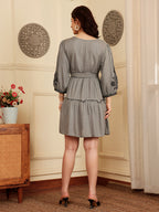 Slate Grey Embroidered Tiered Dress With Waist Tie-Up