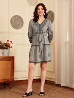 Slate Grey Embroidered Tiered Dress With Waist Tie-Up
