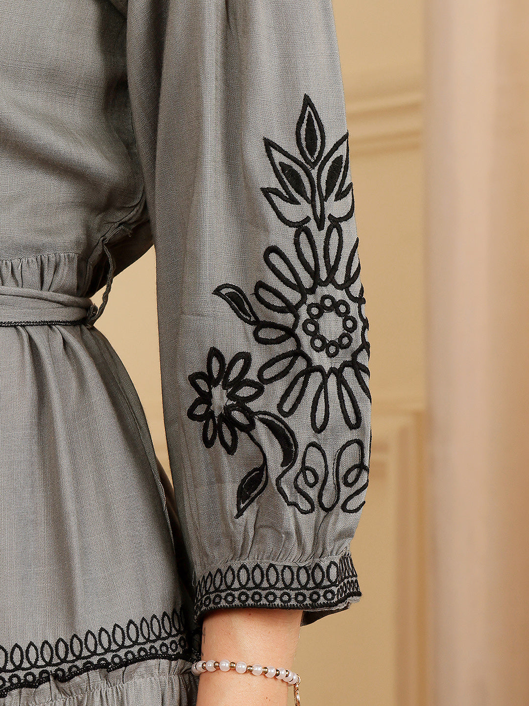 Slate Grey Embroidered Tiered Dress With Waist Tie-Up