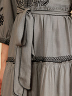 Slate Grey Embroidered Tiered Dress With Waist Tie-Up