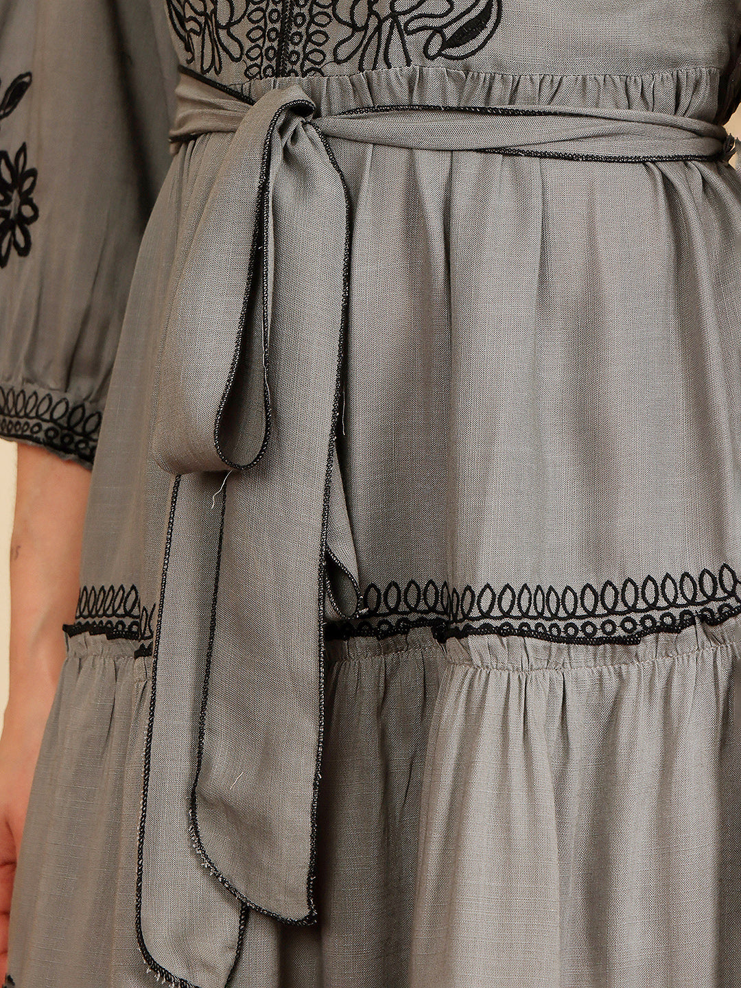 Slate Grey Embroidered Tiered Dress With Waist Tie-Up