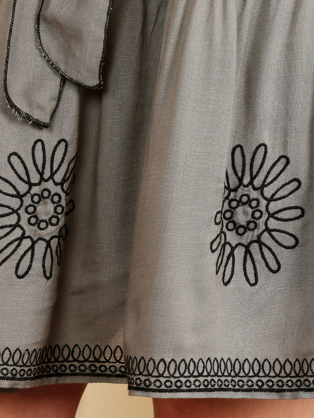 Slate Grey Embroidered Tiered Dress With Waist Tie-Up