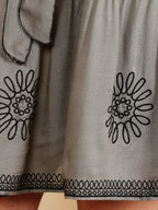 Slate Grey Embroidered Tiered Dress With Waist Tie-Up