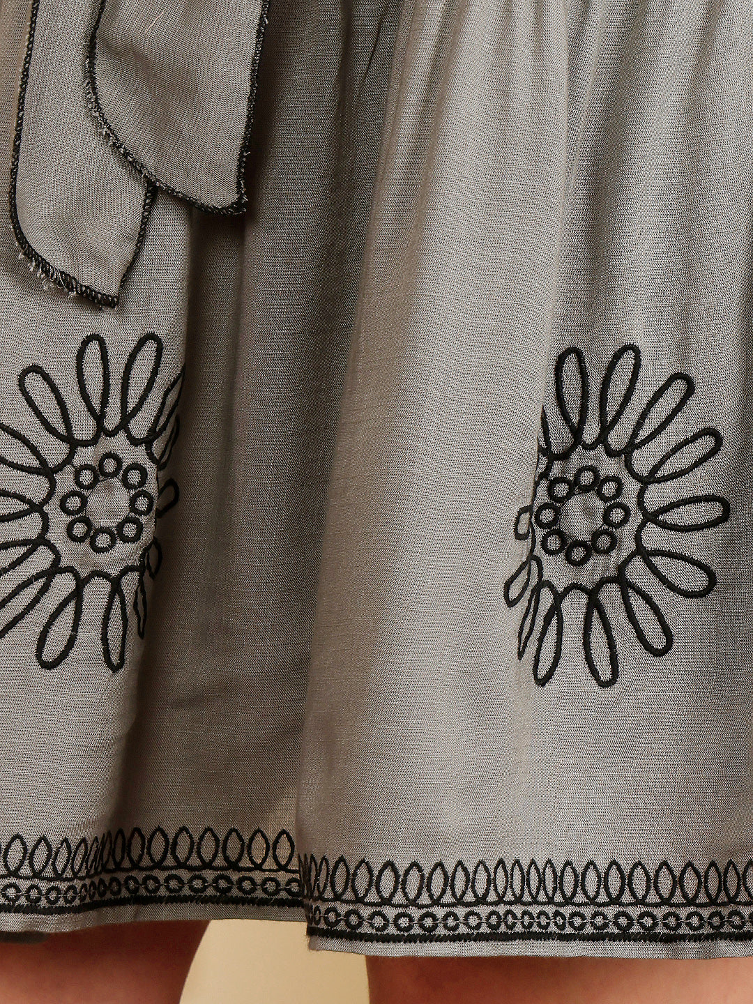 Slate Grey Embroidered Tiered Dress With Waist Tie-Up