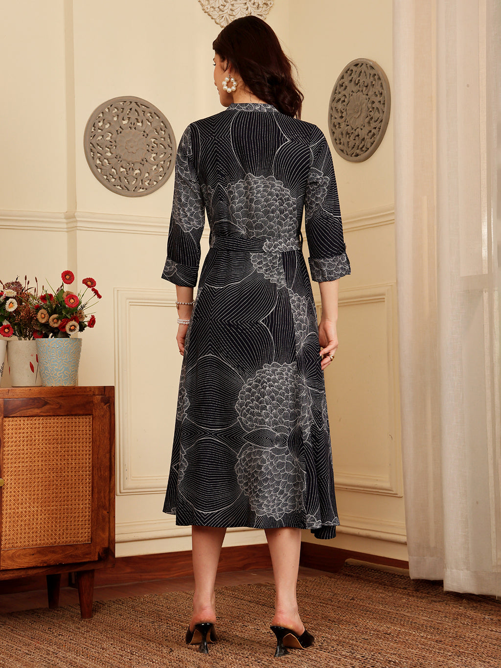 Navy Blue Printed Midi Dress With Collar And Button Front