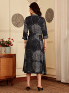 Navy Blue Printed Midi Dress With Collar And Button Front