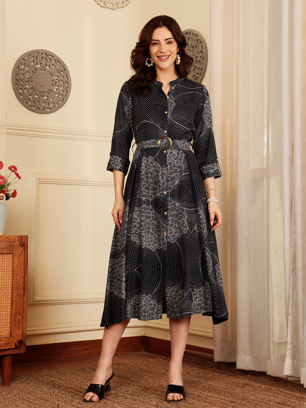 Navy Blue Printed Midi Dress With Collar And Button Front