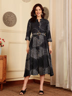 Navy Blue Printed Midi Dress With Collar And Button Front
