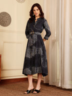 Navy Blue Printed Midi Dress With Collar And Button Front
