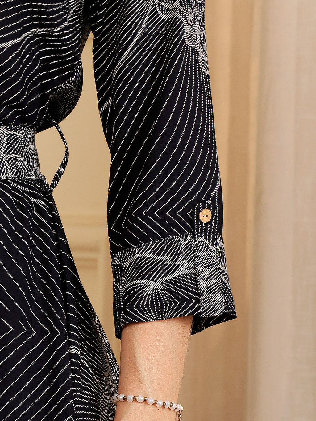 Navy Blue Printed Midi Dress With Collar And Button Front