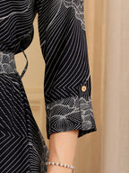 Navy Blue Printed Midi Dress With Collar And Button Front