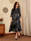 Navy Blue Printed Midi Dress With Collar And Button Front