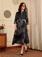 Navy Blue Printed Midi Dress With Collar And Button Front