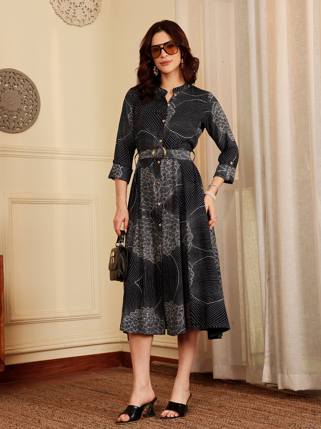 Navy Blue Printed Midi Dress With Collar And Button Front