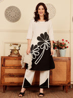 Women's Black And White Floral Print Kurta With Palazzo Set