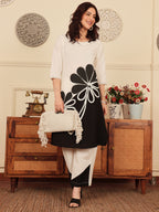 Women's Black And White Floral Print Kurta With Palazzo Set