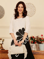 Women's Black And White Floral Print Kurta With Palazzo Set