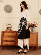 Women's Black And White Floral Print Kurta With Palazzo Set