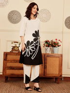 Women's Black And White Floral Print Kurta With Palazzo Set