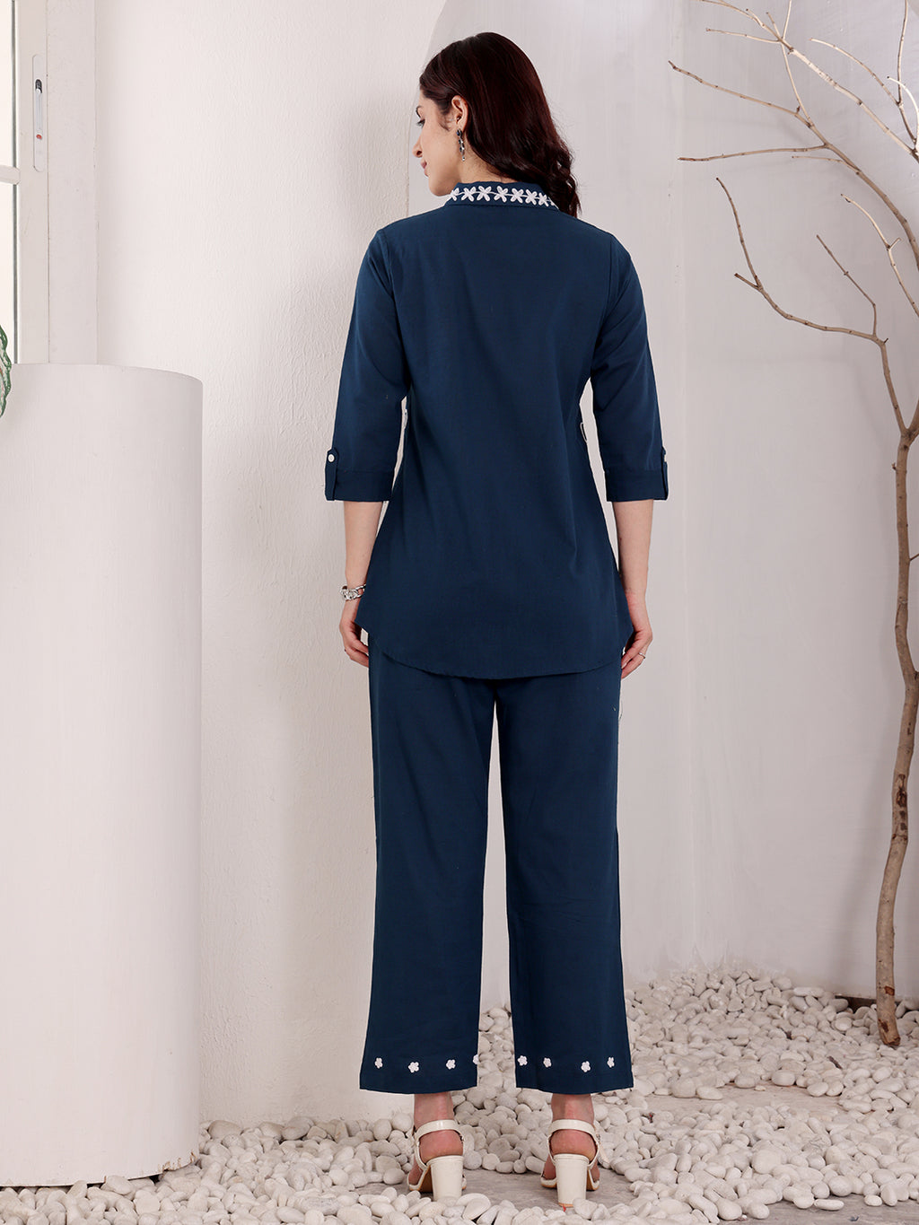 Navy Blue Embroidered Ethnic Co-Ord Set For Women