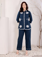 Navy Blue Embroidered Ethnic Co-Ord Set For Women