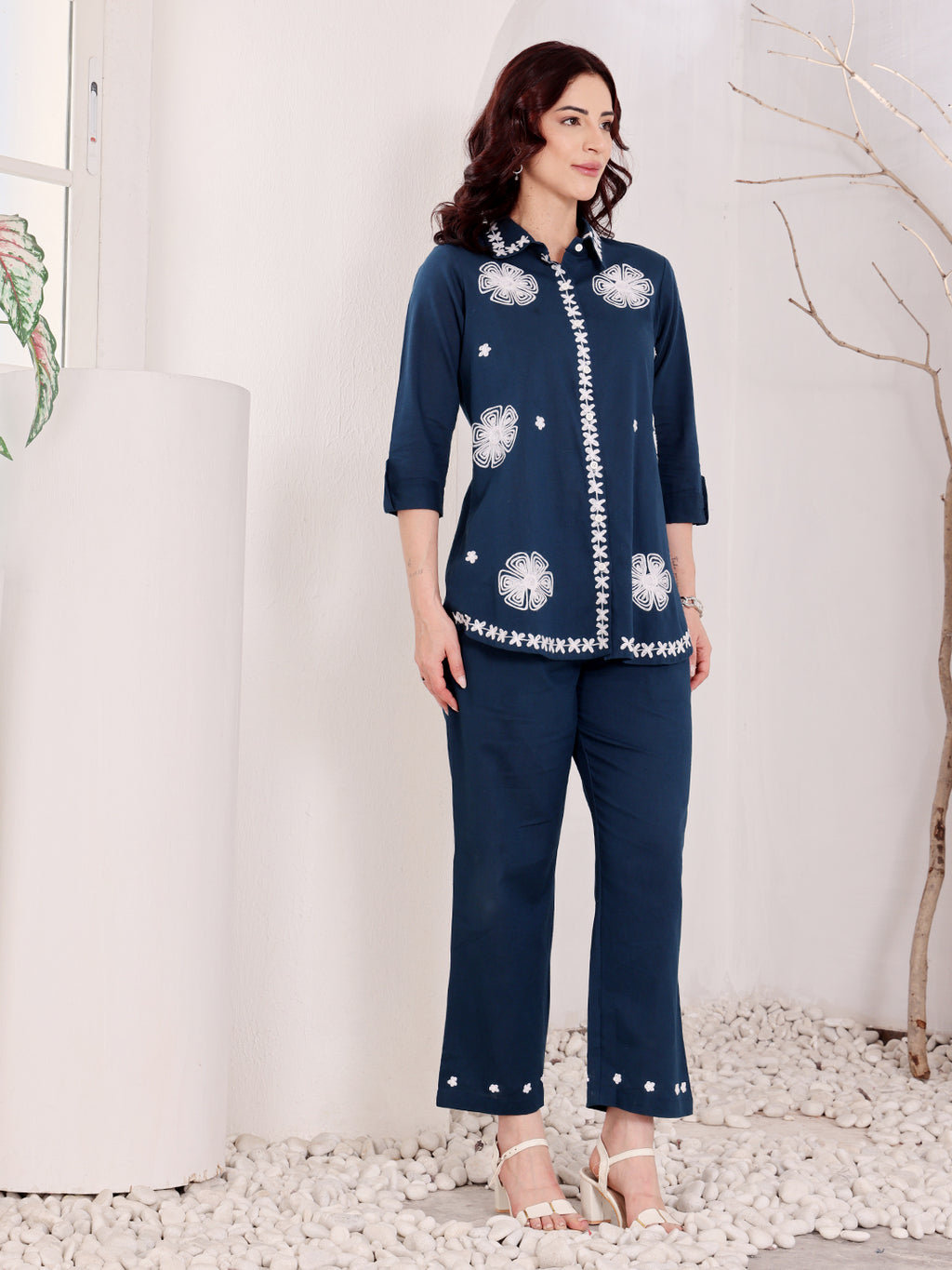 Navy Blue Embroidered Ethnic Co-Ord Set For Women