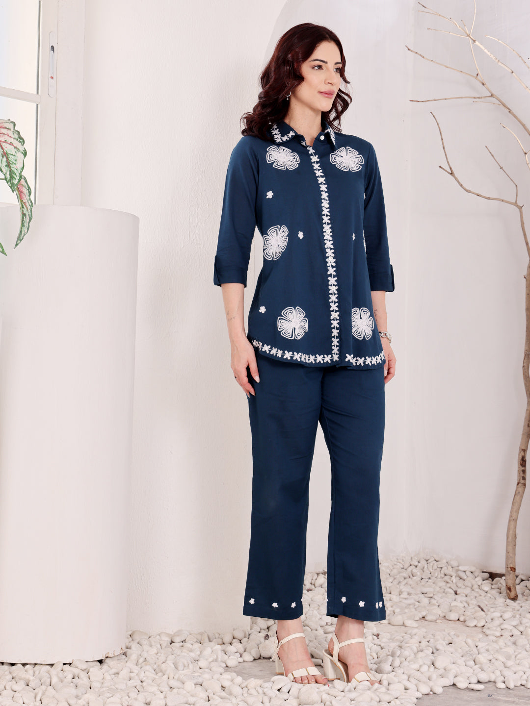 Navy Blue Embroidered Ethnic Co-Ord Set For Women