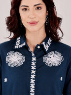 Navy Blue Embroidered Ethnic Co-Ord Set For Women