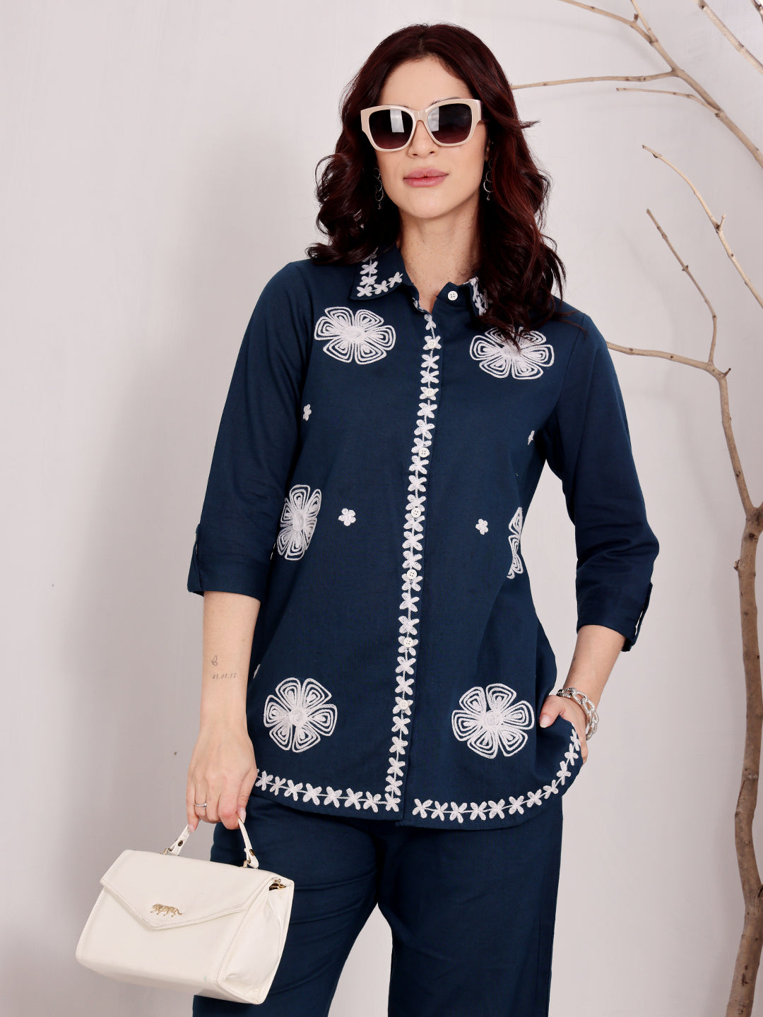 Navy Blue Embroidered Ethnic Co-Ord Set For Women