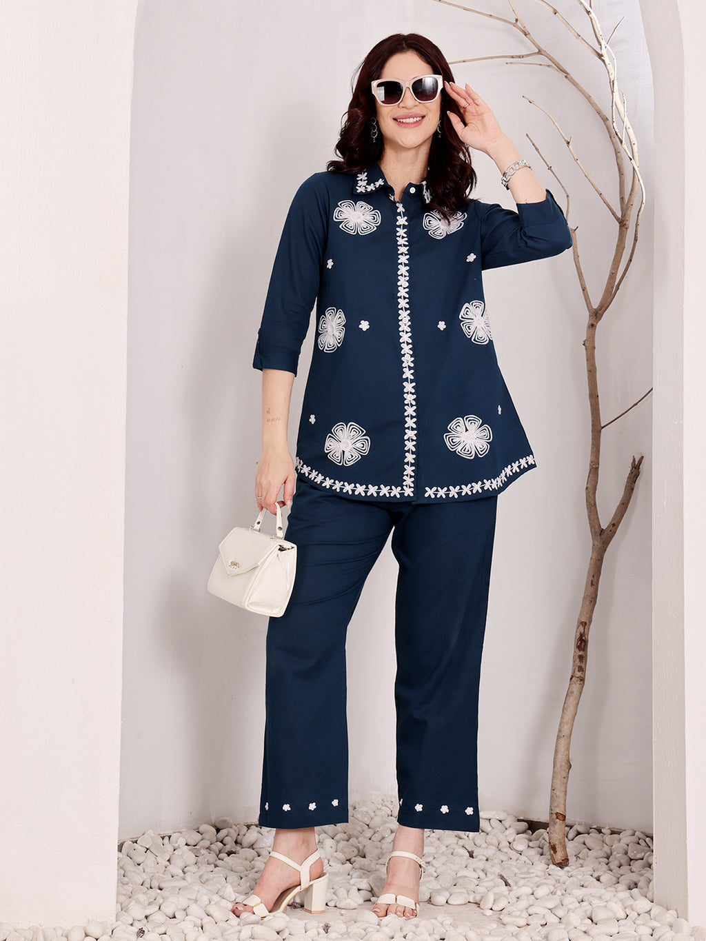 Navy Blue Embroidered Ethnic Co-Ord Set For Women