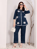 Navy Blue Embroidered Ethnic Co-Ord Set For Women